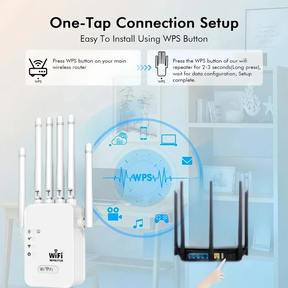

Wi-Fi повторитель 1200 Мбит/с беспроводной Wi-Fi удлинитель Wi-Fi усилитель сети 2,4G/5G 360 ° Сигнал полного покрытия для офиса и дома