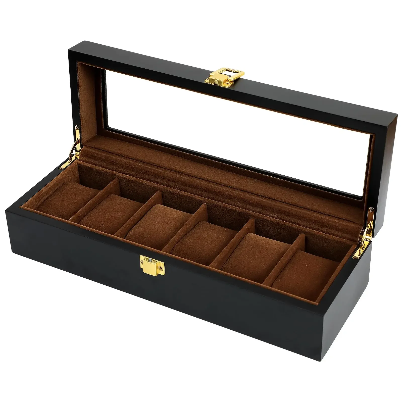 Watch Organizer Box,6 Watch 3 Slots Sunglasses Wooden Watch Organizer Box with Real Glass Top,Perfect Gifts for Family or Friend