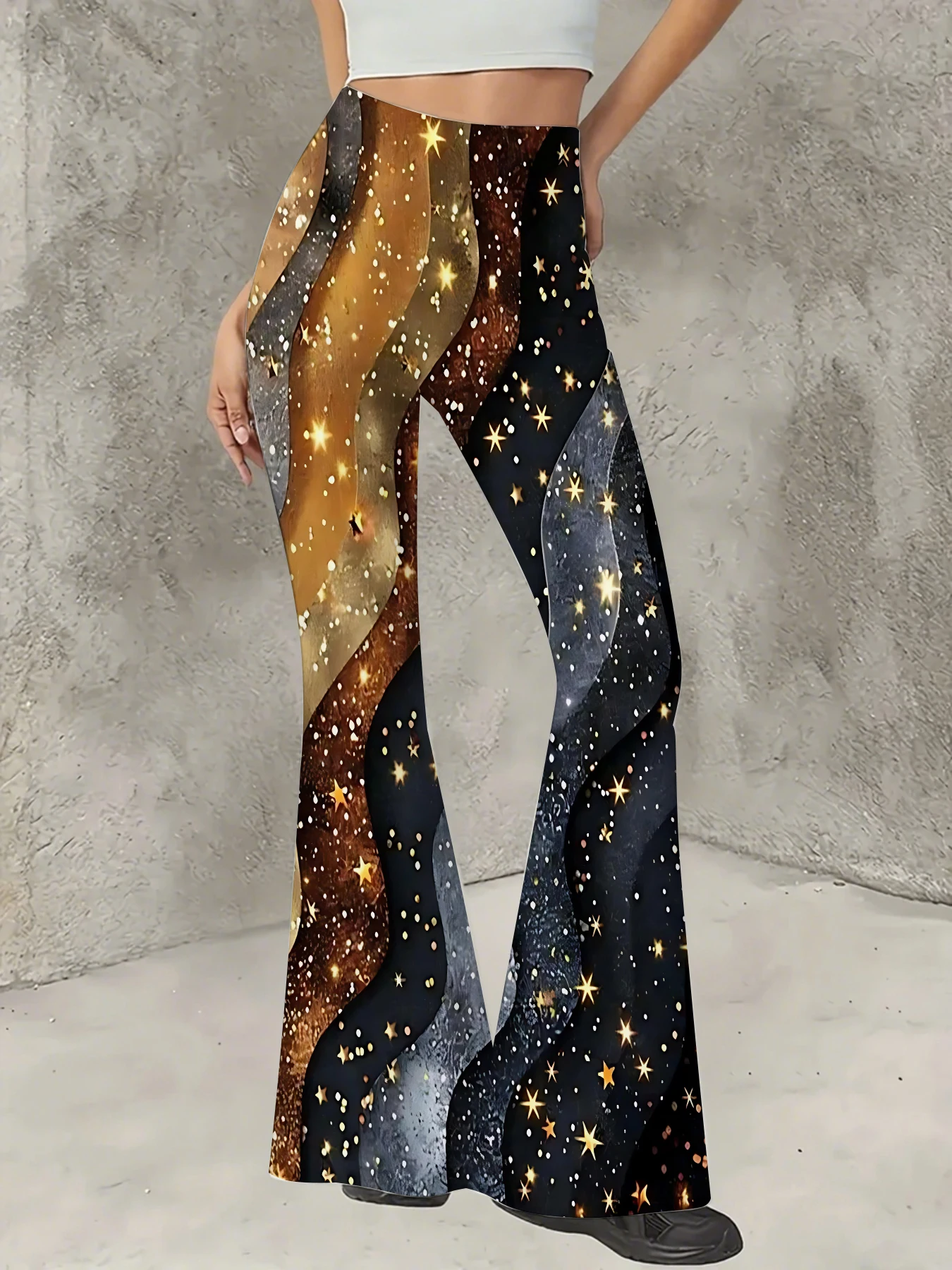 

Retro Printed Flare Pants Women High Waist Polyester Knit Bell Bottom Trousers