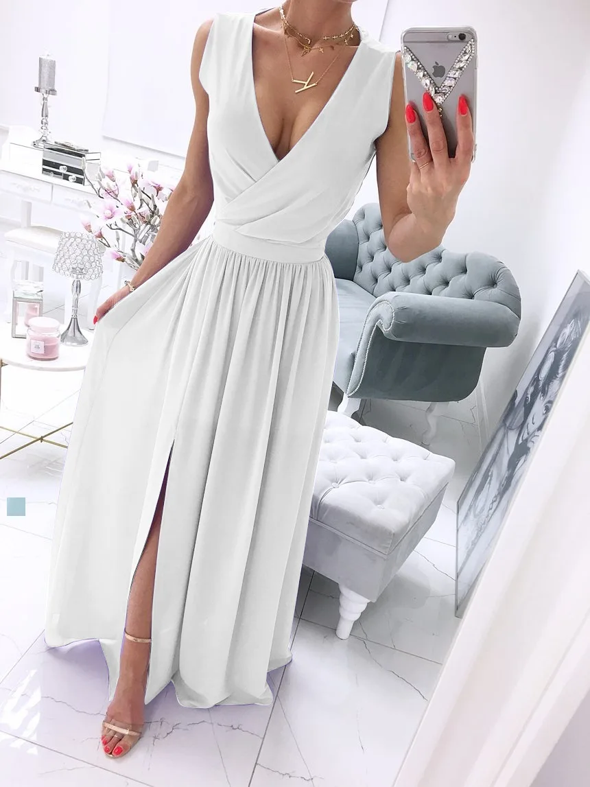 Summer New Sleeveless Solid Color V-neck Dress Women Pullover Polyester High Waist Dress