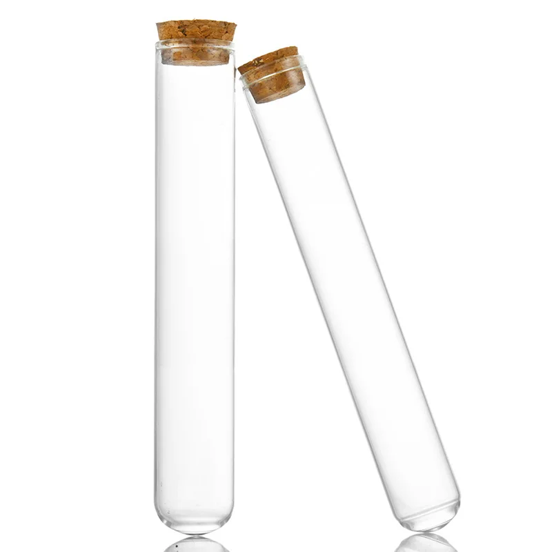 Tubo de ensayo de plástico transparente de laboratorio con tapa de corcho, suministros para estudiantes, regalo de boda, 20x150mm, 30ML de capacidad