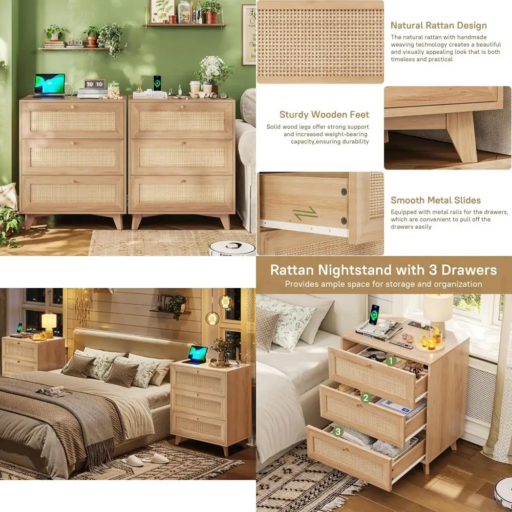 set of 2 bohemian rattan nightstands with charging station, 3 drawers, 2 usb ports, 2 ac outlets