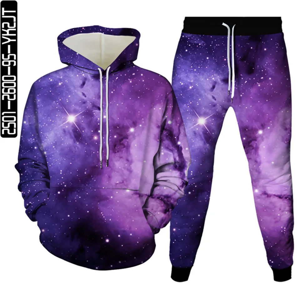 Fall Men Fashion Tracksuit Long Sleeve Harajuku Universe Galaxy Planet Star Printed Teen Clothing Women Hoodies+Trousers 2pcSet