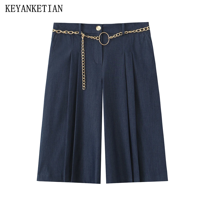 

KEYANKETIAN, новая летняя женская одежда с поясом-цепочкой, повседневные шорты в стиле ретро, женские плиссированные прямые брюки
