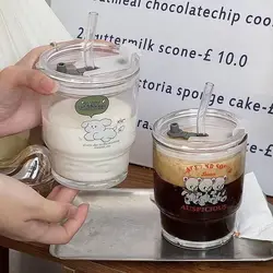 Ins New Glass Cup with Lip Straw Korean Style Cup Chic Milk Coffee Cups with Lid Tea Cup Wedding Gifts