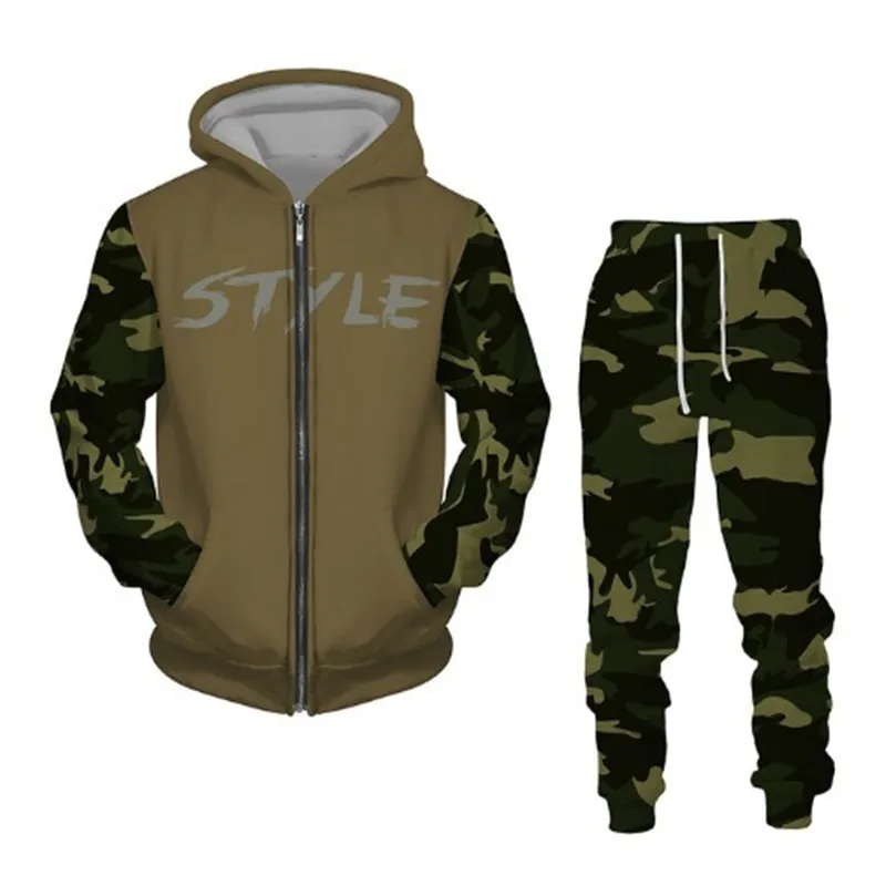 Men Hoodie Sets 3D Camouflage Printed Zip Hoodie + Pants Suit Cool Men 2 Pcs Sportwear Tracksuit Set  Autumn Men\'s Clothing