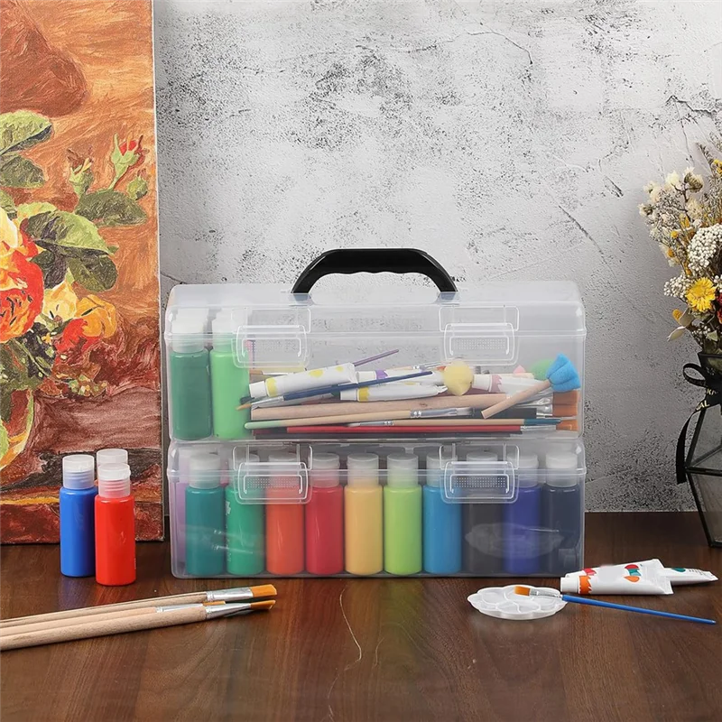 

AT82-2 PCS Clear Acrylic Paint Storage Box Clear Art Supply Box With Handle For 2 Fl. Oz Barrel Paints