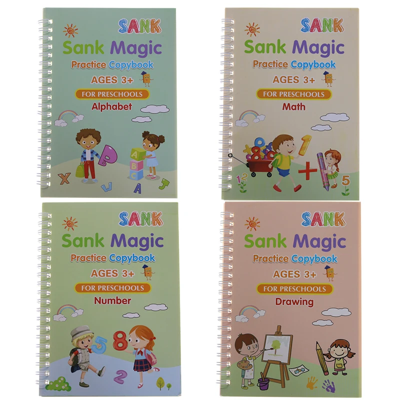 4 Magic Copybooks Children's Toy Writing Reusable Free Wiping English Maths Drawing Children's Toy Writing Practice Copy Book