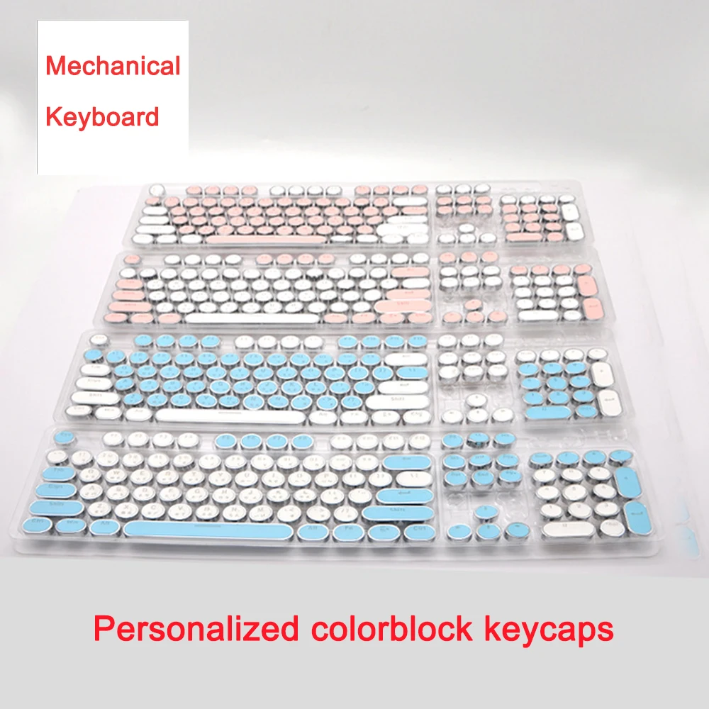 104 Key Keycaps for Mechanical Keyboard Light-transmitting Electroplating Mechanical Key Caps Spanish Russian EN Round Keycaps