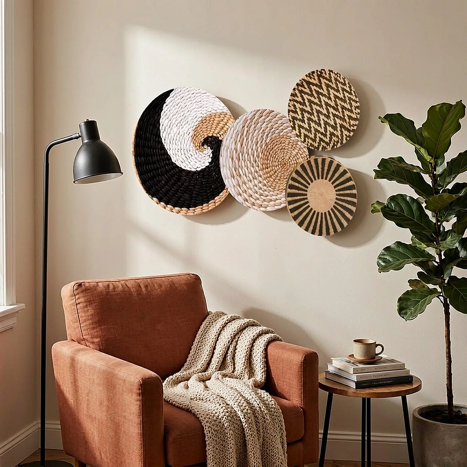 4-piece hand-woven wall hanging set, Bohemian style round woven wall decoration/artwork, suitable for living rooms and bedrooms