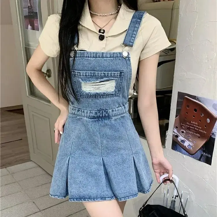 

Denim Braces Skirts Mini Ripped 2024 New Summer Sweet Hottie Y2k Women Suspender Short Skirt Waisted Petite Dress