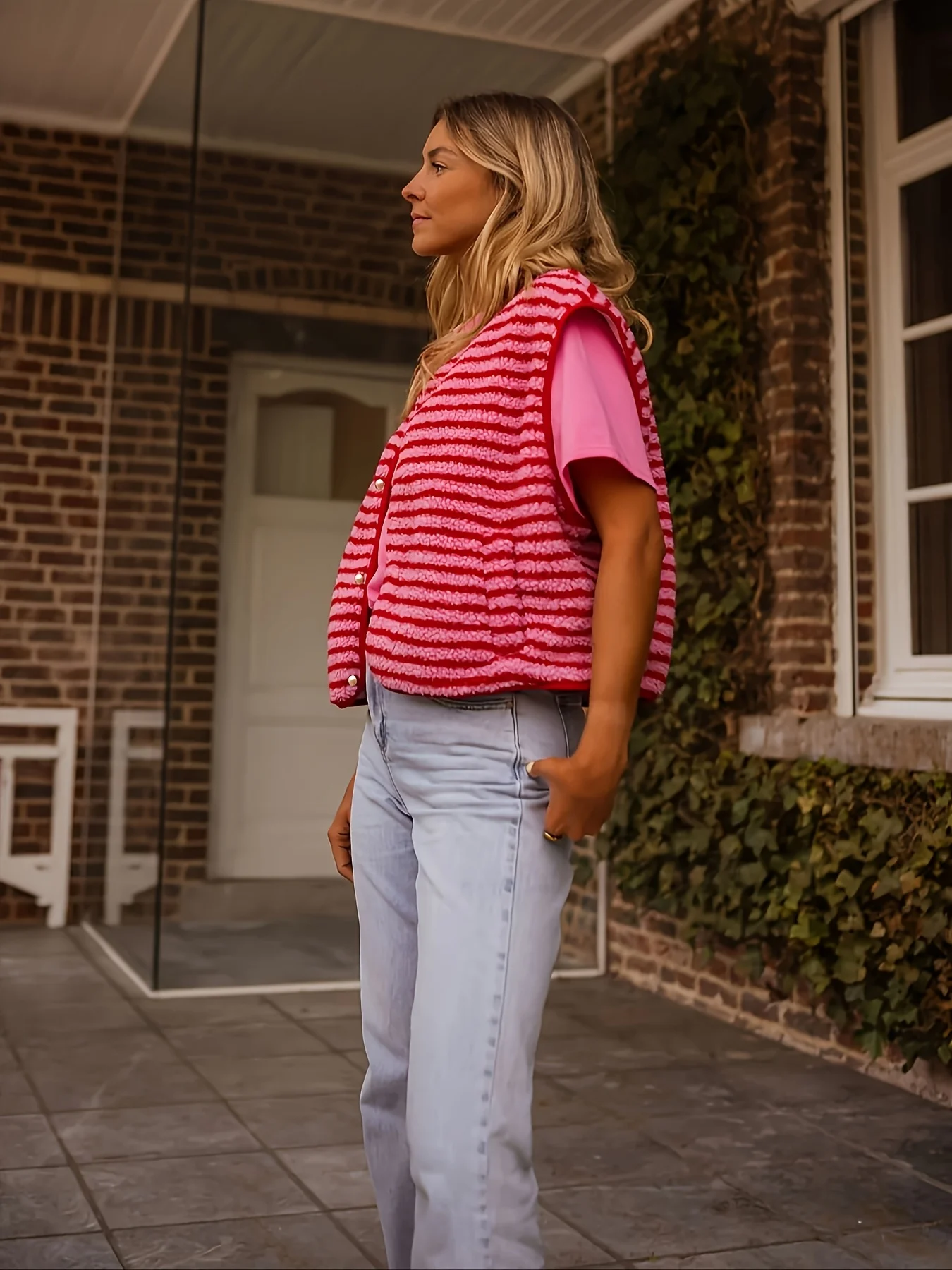 Middle Aged Women's Pink Striped Fuzzy Knit Vest Button Front Sleeveless Outerwear with Side Pockets for Casual Daily Wear