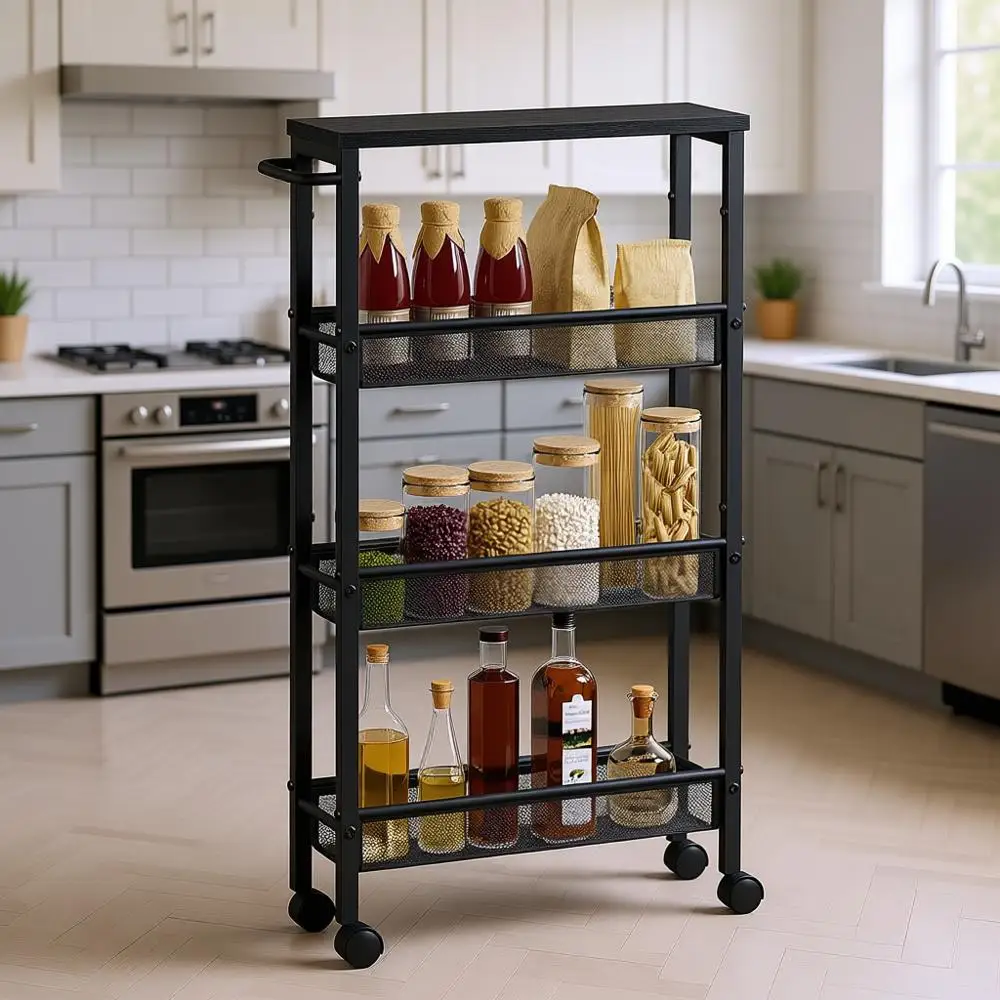 

Slim Rolling Cart, 4-Tier Storage Cart, Narrow Cart with Handle, 5.1 Inches Deep, Metal, Kitchen, Dining Room, Living Room, Home