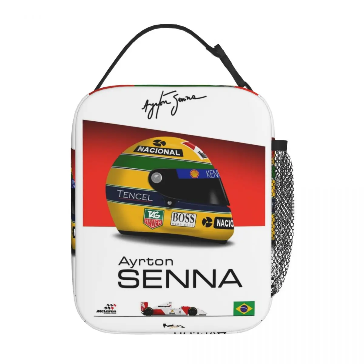 Ayrton Senna 1993 MP48 Helmet And Car Insulated Lunch Bag High Capacity Meal Container Cooler Bag Tote Lunch Box Food Handbags