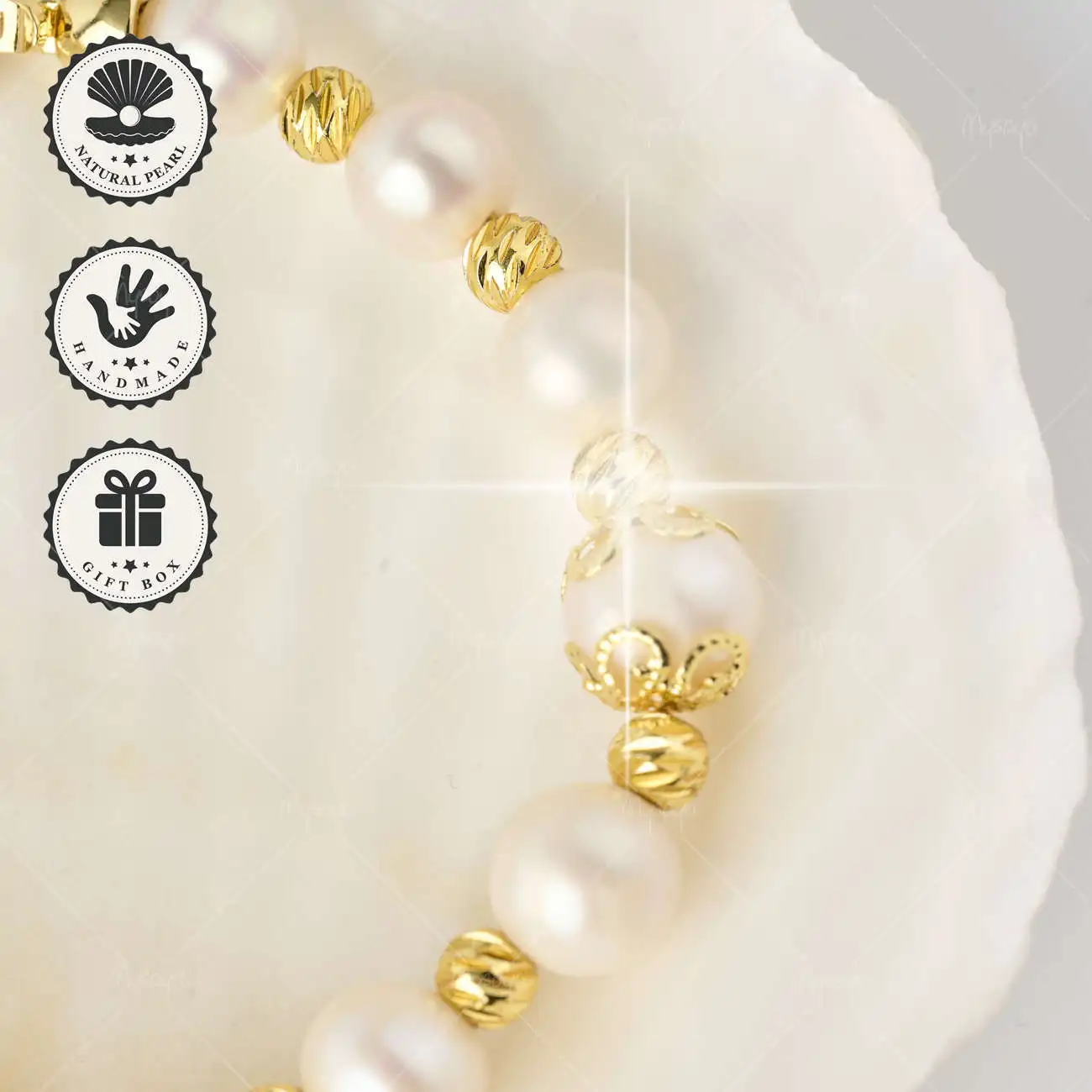 

MYSOYA White Freshwater Pearl Bracelet 10-11mm with Gold Accents & Oval Clasp, Gift Box, Birthday & Anniversary Gift