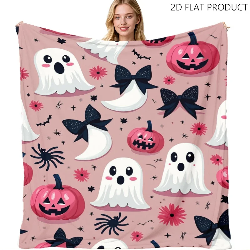 Playful and quirky Halloween print blanket, featuring a light pink base with cute ghost, pumpkin, spider, and bat patterns, available in various sizes, a comfortable nap blanket suitable for everyday use in bedrooms, on sofas, and in offices