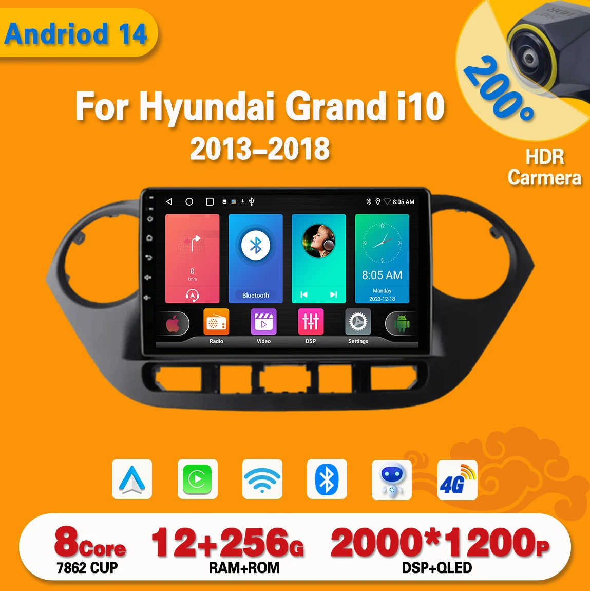 Car Radio Carplay AndroidFor Hyundai Grand i10 2013-2018 Multimedia Video Player touch screen Navigation GPS Auto stereo DVD