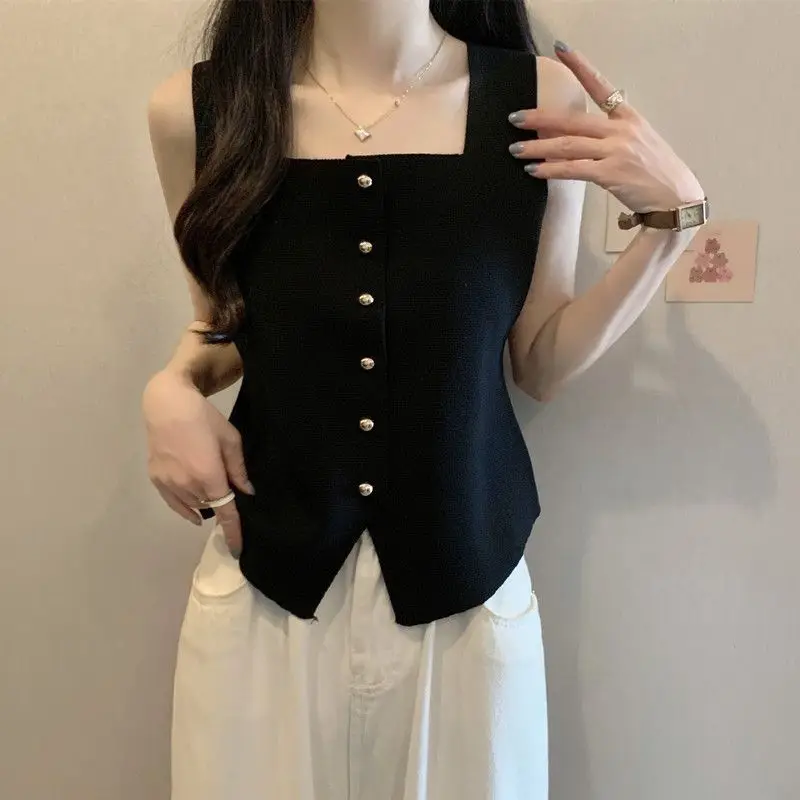 2024 Summer New Square Neck Design Ice Silk Tank Top Strap Single breasted Korean Solid Color Top Trendy