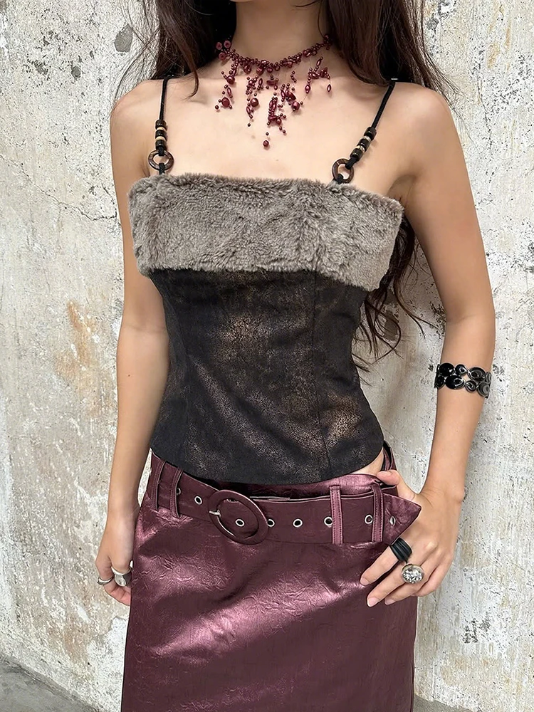 

Nibber Plush Patchwork Vests Women Tie-Dye Print Ring Bead Decoration Sexy Hottie Midnight Classic Hip Hop Style Streetwear