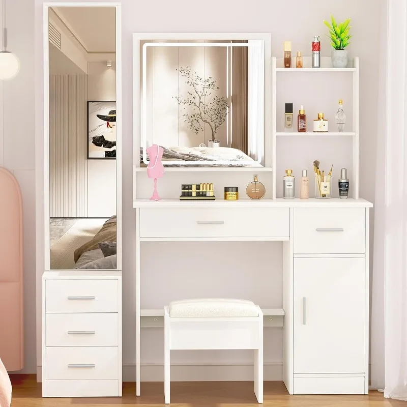 

Makeup Vanity Desk with Lights and 2 Mirror, White Vanity Table with 3 Lighting Modes and Stool Set, Dressing Table with Drawers