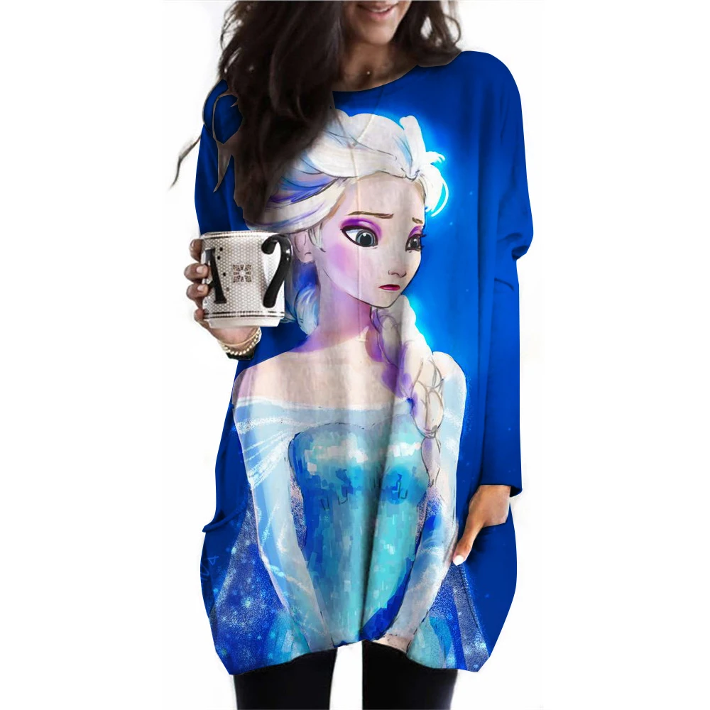 Disney Frozen Pattern Women's 3D T-shirt Long Sleeve Disney Princess Printed Women's Street Clothing Festival T-shirt Large Size