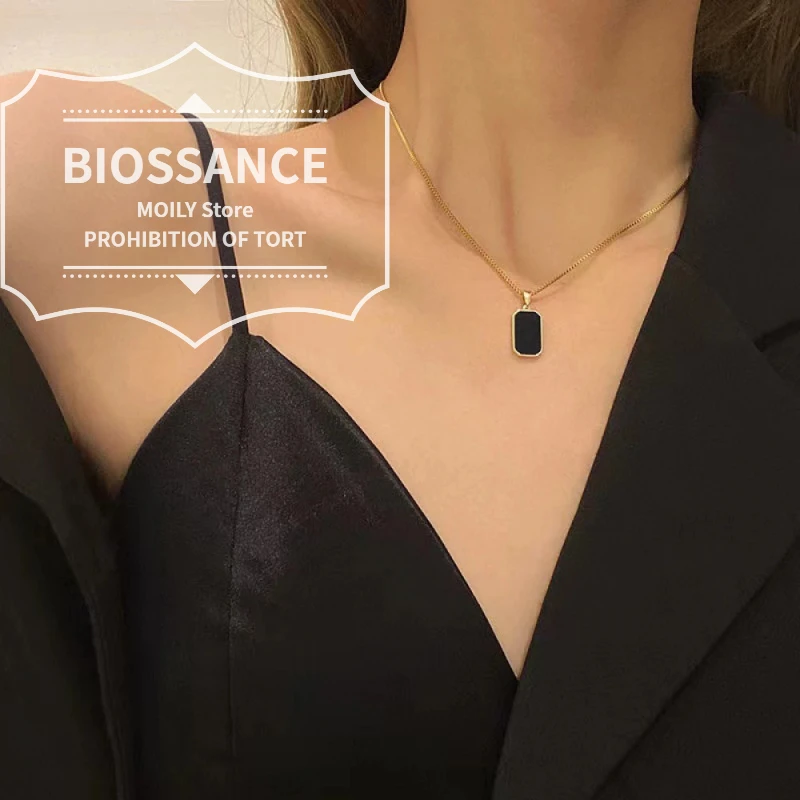 BIOSSANCE New Alloy Material Square Imitation Black Mother-Of-Pearl Pendant Necklace Men'S And Women'S Jewelry Accessories Gift