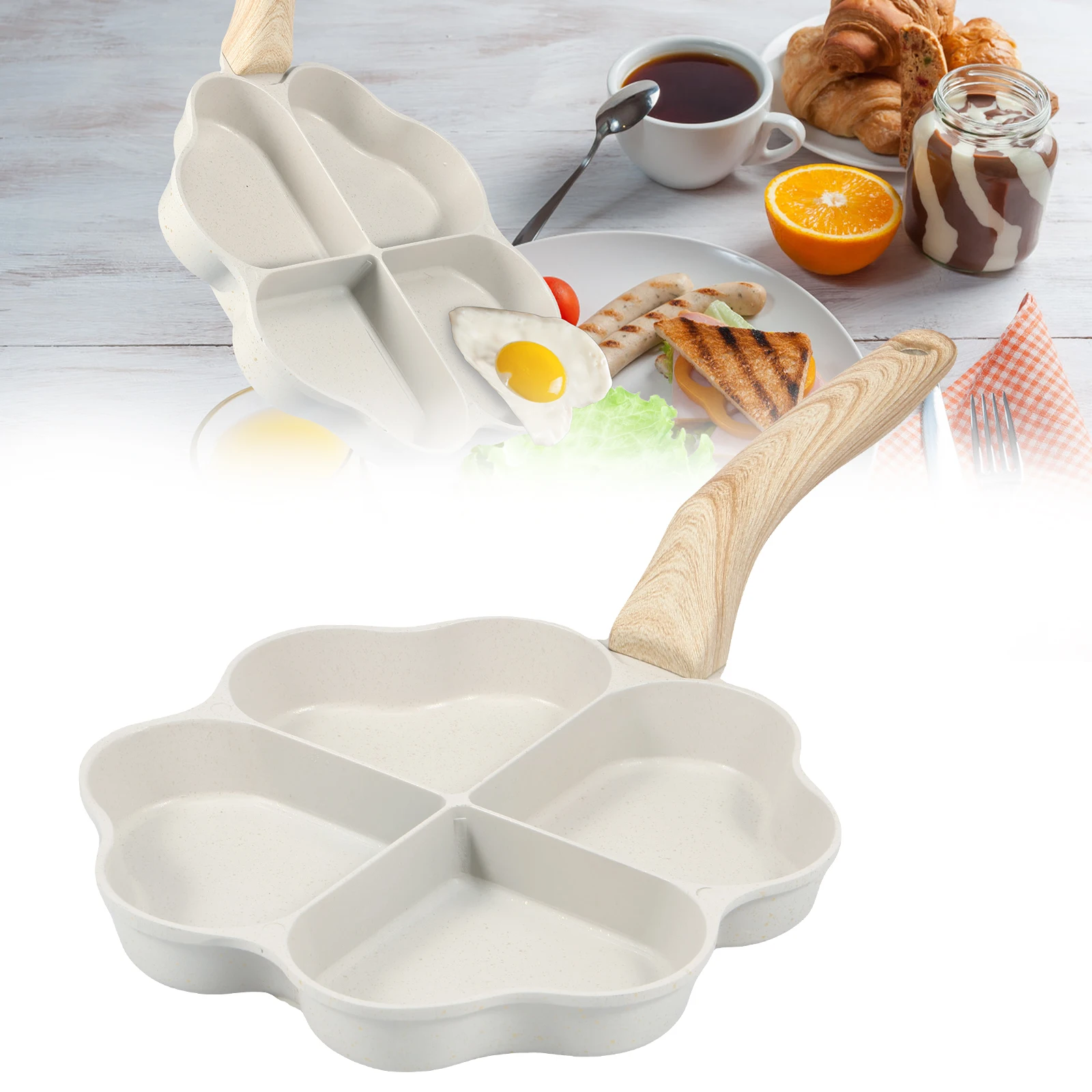 Egg Frying Pan 4-Cup Heart Omelette Pan Non-Stick Egg Skillet with Wooden Handle Aluminum Alloy Egg Cooker Pan Effortless to