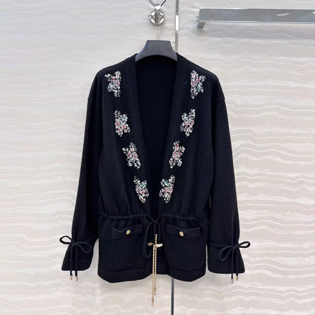 

New Autumn Metal Chain Belt Black Knitted Cardigans Women V-neck Embroidery Sequins Floral Vintage Loose Long Sleeve Sweater