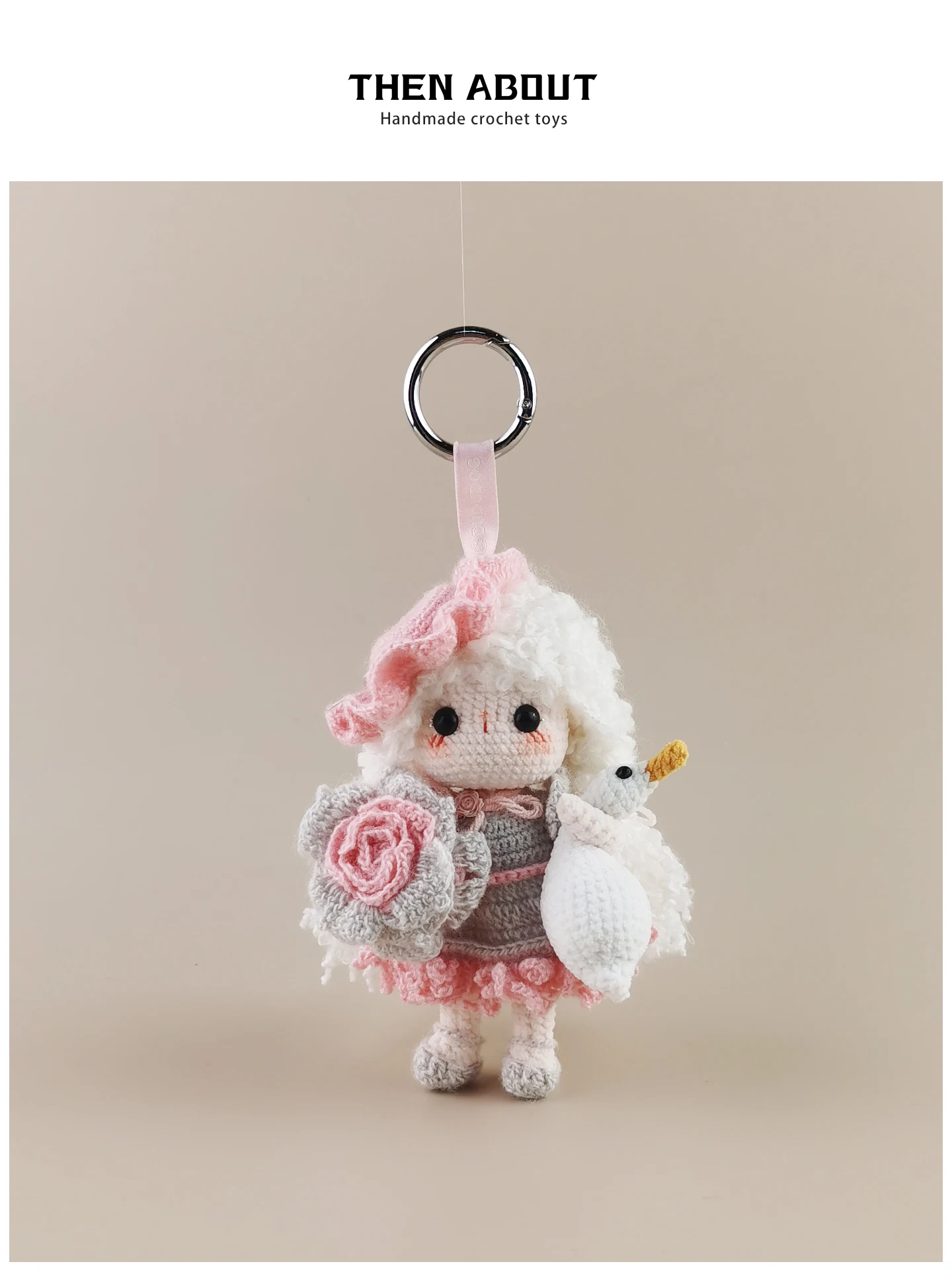 Handmade Crocheted Fine Pink Rose Goose Sister Bag Charm Keychain Luxury Gift Fashionable Accessory for Handbags