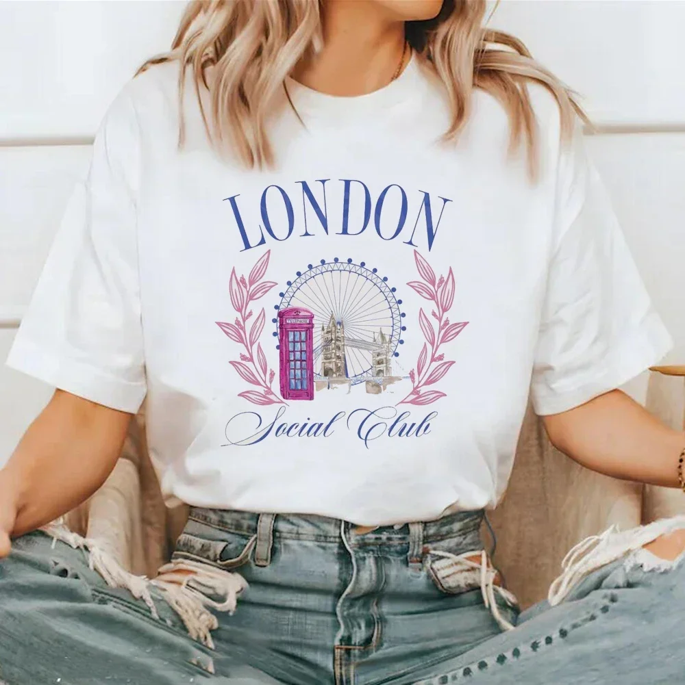 Women\'s London Social Club Printed Fashionable Casual Summer O-Neck Clothing T-Shirt Watercolor 90s Short Sleeved Pattern T-Shir