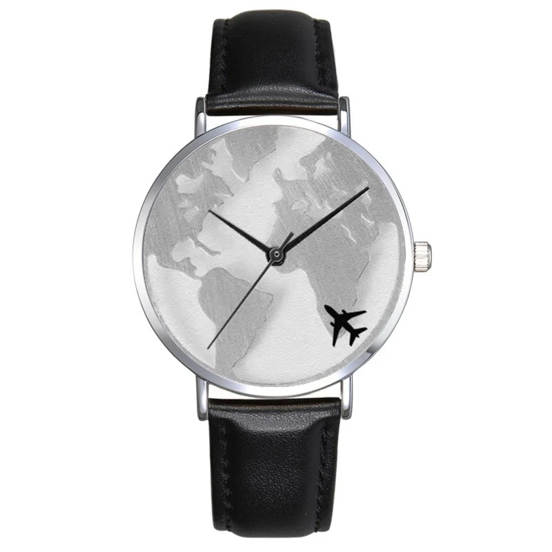 Elegant Romantic Men And Women World Map Watches Leather Band Quartz Movement Timer Airplane Pattern Clock