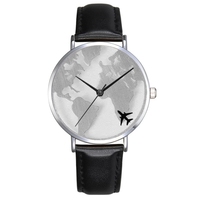 Elegant Romantic Men And Women World Map Watches Leather Band Quartz Movement Timer Airplane Pattern Clock