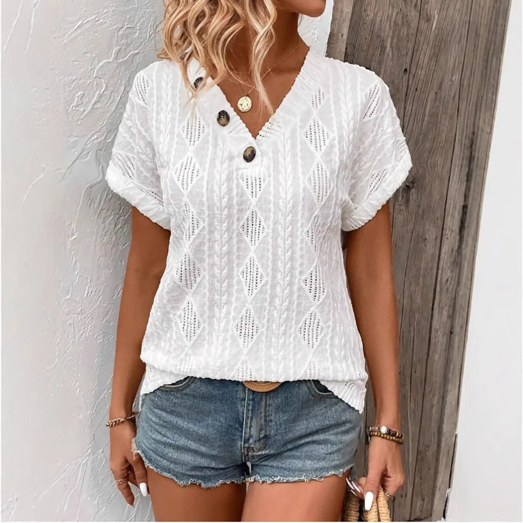 Summer Clothes Women Short Sleeve T Shirt V Neck Oversized Jacquard T Shirts Button Front Knit Geometric Pattern Tee Cream