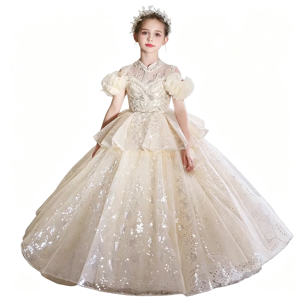 Luxury Champagne Short Puff Sleeve Evening Prom And Pageant Dress For Girls Princess Kids Piano Performance Birthday Party Gown