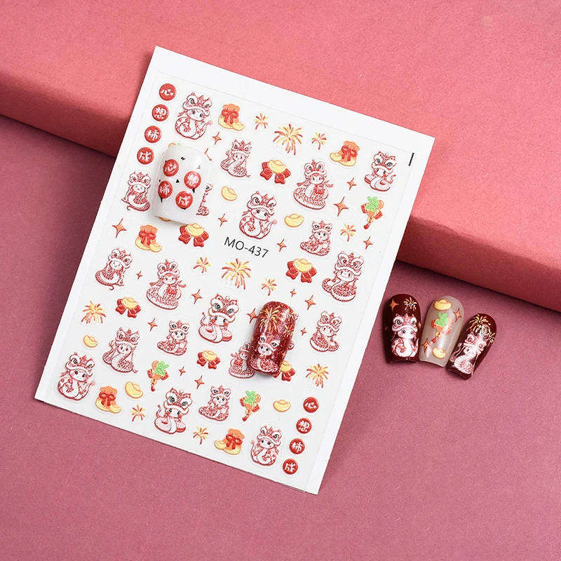 2025 Nowy Rok Paper-Cut Lion Dance Nail Stickers 5D Relief Sculpture Cartoon Snake Nail Decals DIY Manicure Decoration