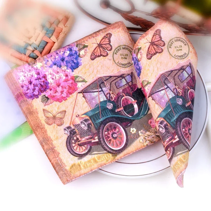 Classic Car Napkins Car Placemats Cup Flower Paper Hydrangea Mouth Cloth Hotel Banquet Paper Wood Pulp Paper 20pcs/pac 33cm 2Ply