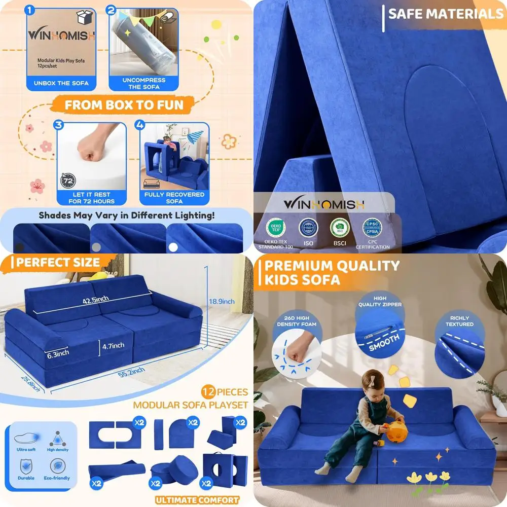 

Детский диван-комплект из 12 предметов - мягкий пенополиуретан, моющиеся чехлы, удобен для малышей 1-6 лет, портативный и легко чистится, идеально подходит для