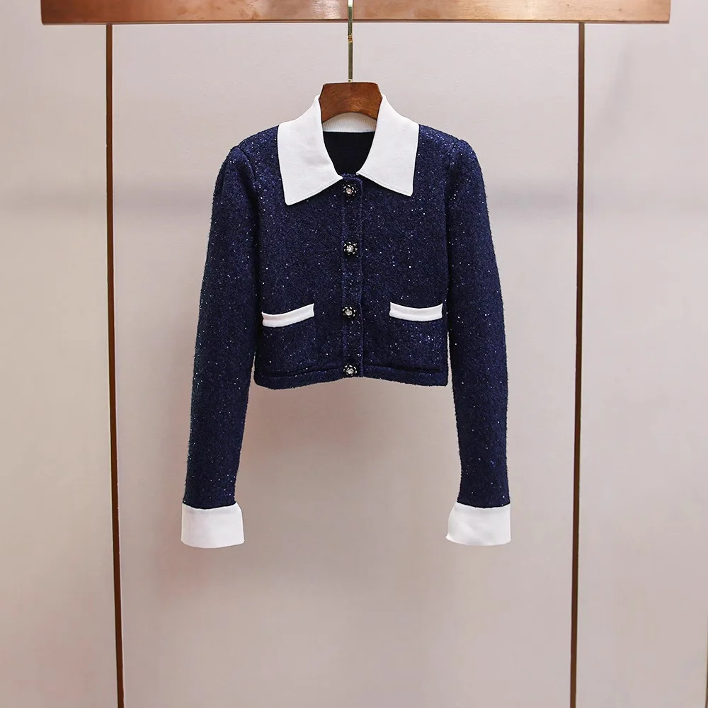 

MaSande High-End Women's Knitted Cardigan Autumn New Sle Personali Splicing Collar Rhinestone Embellied Commute Sle