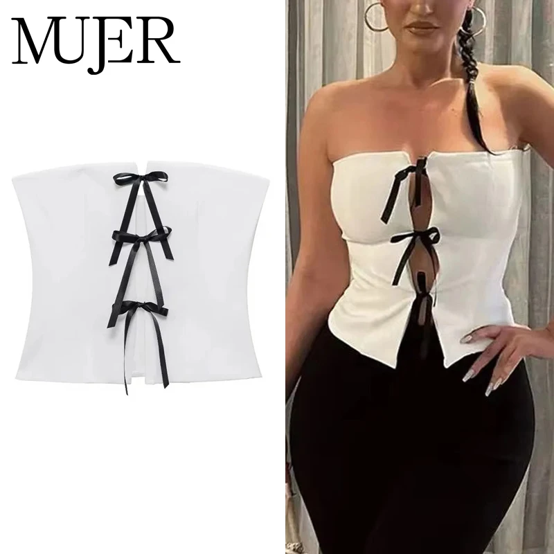 MUJER Bow White Crop Top Women off Shoulder Tube Top Female Sexy Backless Corset Tops for Women Fashion Cut out Summer Top Woman