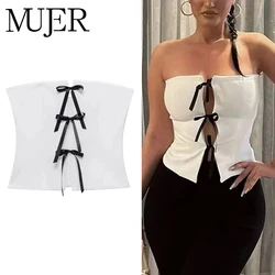 MUJER Bow White Crop Top Women off Shoulder Tube Top Female Sexy Backless Corset Tops for Women Fashion Cut out Summer Top Woman