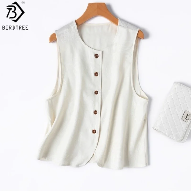 

Birdtree Women 100% Silk White Vest,Jacquard V-neck Sleeveless Single Breasted Wooden Buckle Vest Tops,2025 NewT58604JF