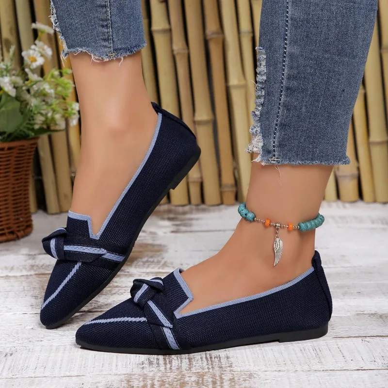 

New Women's Shoes 2024 Hot Sale Fashion Pointed Toe Ladies Flat Shoes Color Matching Bow Slip-on Cloth Ladies Flat Shoes Zapatos