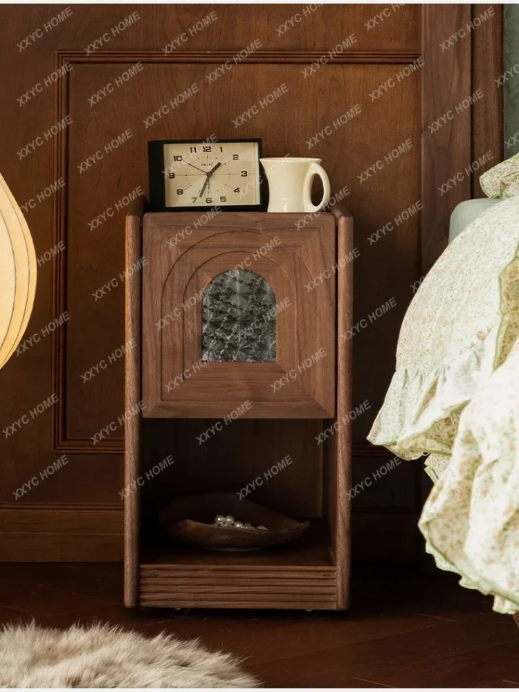 A black walnut American retro bedside table storage mini mobile all solid wood bedside cabinet