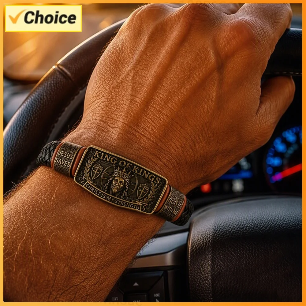 Decorative Faith Bracelet PU Leather Adjustable Christian Wristband Religious Inspirational Wristband Gift for Men Husband Dad