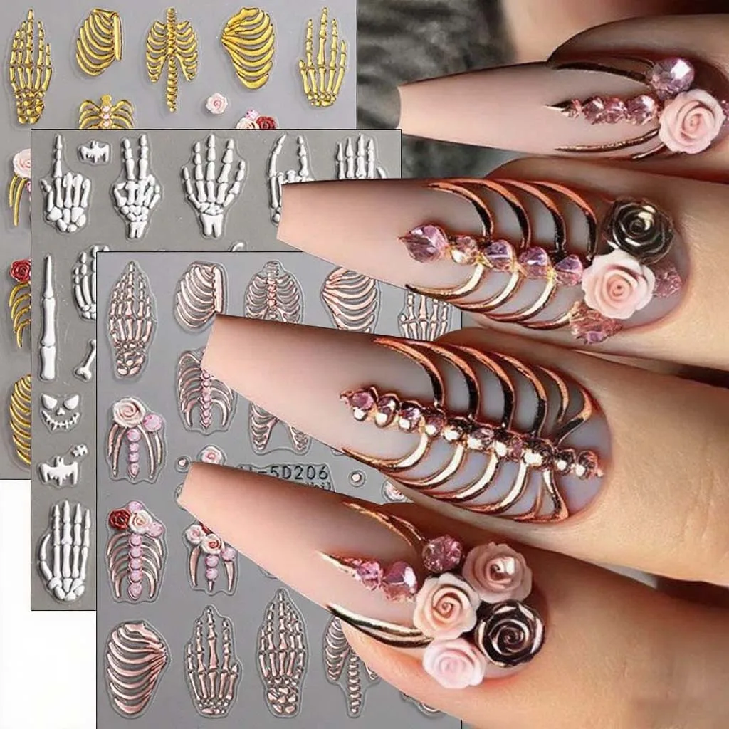 

1PCS 5D Embossed Skeleton Hand Halloween Nail Art Stickers Gothic Golden Skull Slider Decals Manicure DIY Decoration Accessories