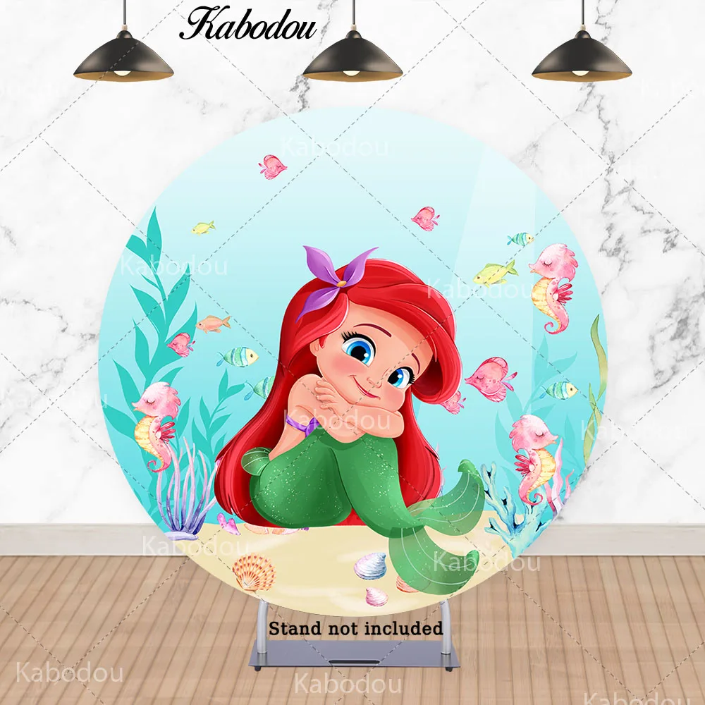 Little Mermaid Circle Photo Backdrop Girls Birthday Baby Shower Disney Princess Round Photography Background Cylinder Covers