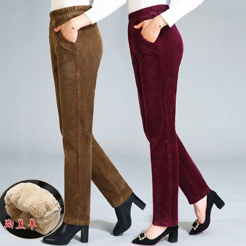 

Winter Warm Cashmere Trousers Vintage Slim Waist Add Velvet Lady Pants Casual Thickening Corduroy Straight Pants Women E611