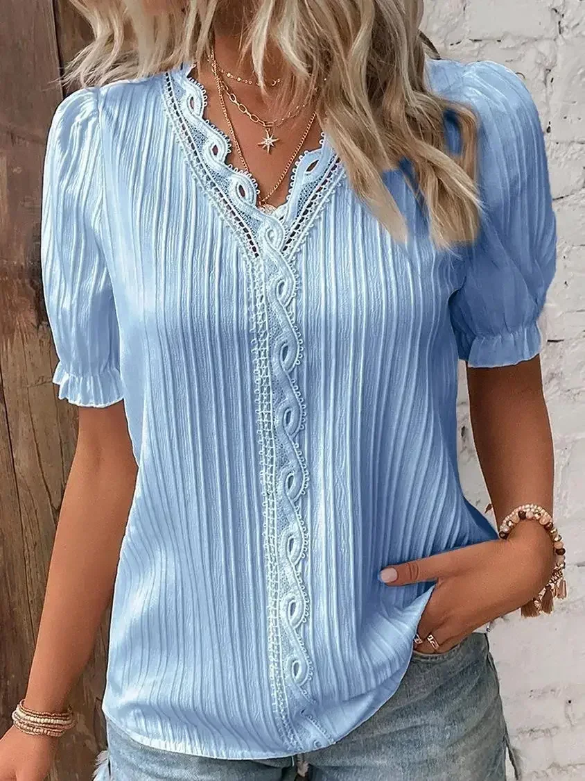 Women's V Neck Lace Hollow Out Blouse 2026 Puff Short Sleeve Pleated Loose Casual Summer Shirt