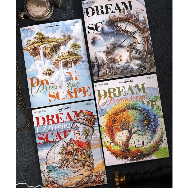 12pcs Illusory Wonder Series Scene Theme PET Sticker Pack 4 Styles Adhesive Cute Journal Decoration Stickers Cute Stickers