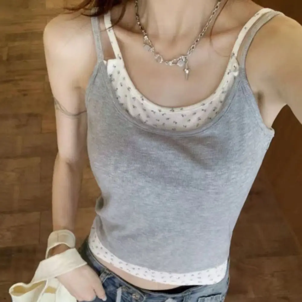 

Elegant with Chest Pads Slim Y2k Crop Top Spicy Girl Summer Fake Two Pieces Top Sweet Round Neck Sleeveless Camisole Women Girl
